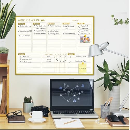 Large Weekly Dry Erase Board for Wall,20"x28",Gold Aluminum Frame Magnetic Weekly Planner Whiteboard for to Do List, Memo, School, Home, Office, Kitchen
