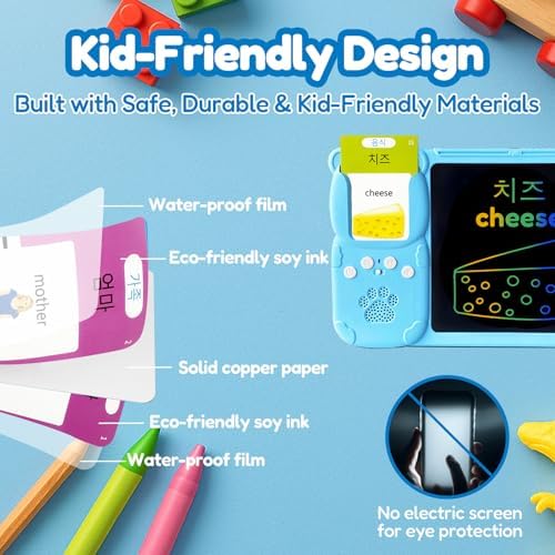 Writing Tablet with Bilingual Flash Cards for Kids, Korean, Blue