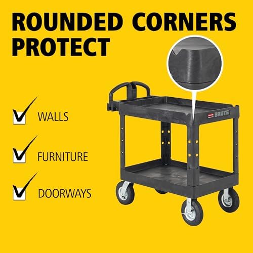 Rubbermaid Commercial Products BRUTE Heavy Duty 2-Shelf Utility/Service Cart, Medium, Lipped Shelves, Ergonomic Handle, Pneumatic Casters, 500 lb Capacity, Black, for Warehouse/Garage/Cleaning/Office
