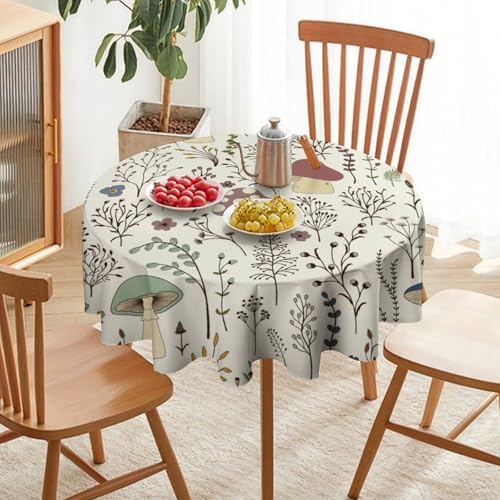 Mushroom Tablecloth, Boho Floral Rustic Wildflower Herbs Plants Colorful Botanical Green Leaves Print Table Cloth for Kitchen Dining Picnic Party Restaurant Decoration, 60x60in