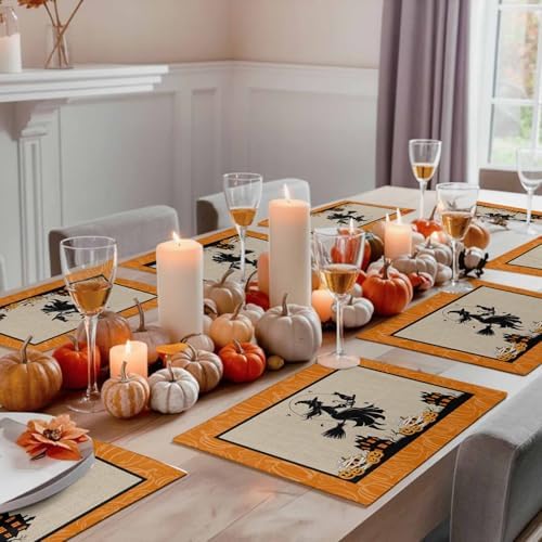 Vandarllin Halloween Fun Placemats Set of 4, Haunted House Witches Cat Pumpkins Cotton Linen Stain Resistant Table Mats Washable Placemat Decoration for Kitchen Dining Table,Scary Movie Nights