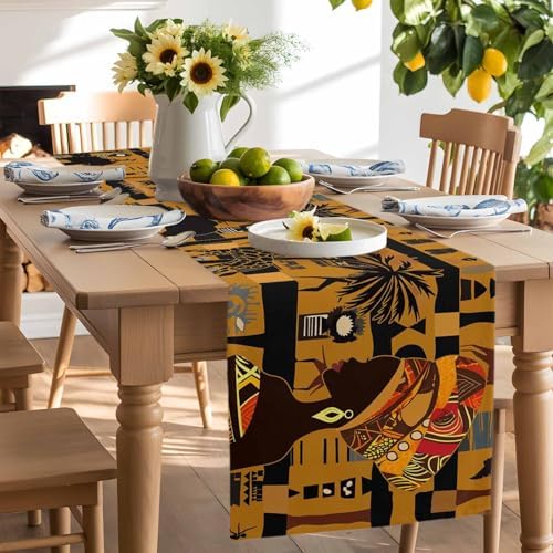 Black African Female Table Runner Dresser Scarf 13 x 60 Inch Elephant Giraffe Ethnic Wind Brown Black Table Runners Non-Slip Heat Resistant Kitchen Dining Table Decor for Home Holidays Indoor Outdoor