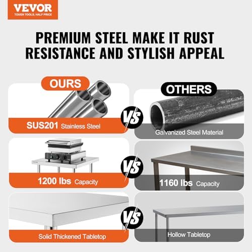 VEVOR Stainless Steel Food Prep Table, 18 x 48 x 34 Inch Commercial Kitchen Worktable, with 2 Adjustable Undershelf, Heavy Duty Prep Tables Metal Work Table for BBQ, Kitchen, Home, and Garage