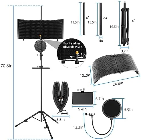 Microphone Isolation Shield with Stand Curved Panel, Foldable Mic Shield with Triple Sound Insulation, Studio Mic Sound Absorbing Foam Reflector for Sound Recording, Podcasts