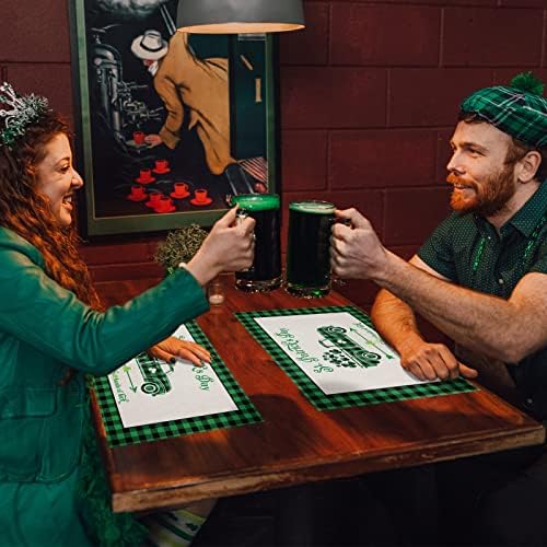 St. Patrick's Day Placemats Set of 4, Farm Buffalo Plaid Truck Shamrock Clover Cotton Linen Heat Resistant Table Mats Washable Spring Holidays Decorations For Kitchen Dining Table Green Black