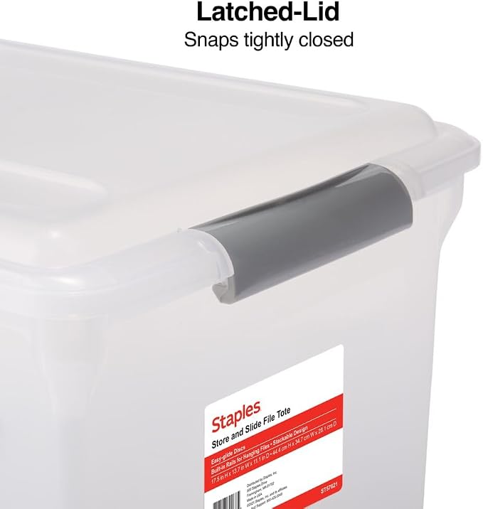 Staples Store & Slide Plastic File Box, Latching, Letter/Legal, 2/Pk | Clear, stackable box keeps hanging files secure and easy to transport.