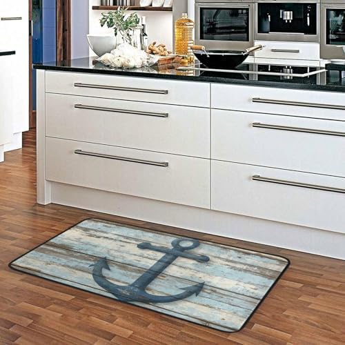 Aslsiy Retro Wooden Board Anchor Kitchen Rug Sea Ocean Kitchen Mat Area Rug Marine Nautical Floor Mat Welcome Non Slip Rug for Kitchen Home Decor 39" X 20"