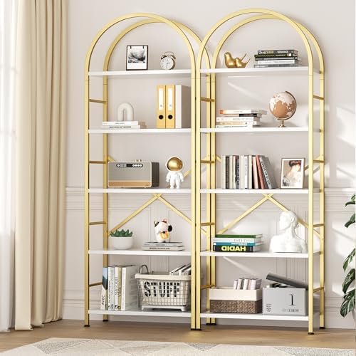 Shintenchi Bookshelf, Arched Bookshelf 5 Tier Bookcase Shelf for CDs/Books, Home Office Bookcase Shelf Storage Organizer, Modern Book Shelf for Bedroom/Living Room, Gold