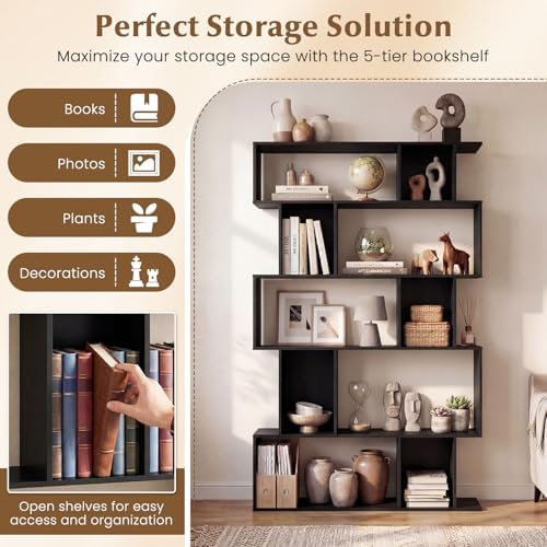 Giantex 5-Tier Bookshelf, 10-Cube Geometric Book Case with 5 Closed-Back Cubbies, Anti-toppling Kits, Open Display Storage Shelf for Living Room, Home Office, Bedroom, Black
