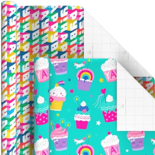 Hallmark Kids Wrapping Paper, 6 Rolls (Dinosaurs, Unicorns, Rainbows)