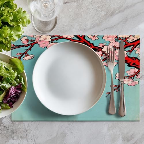Batmerry Shabby Chic Cherry Blossom Linen Placemats Set of 4, Turquoise Vintage Washable Table Mats for Kitchen Table Thickened Heat Insulation Dining Set Indoor Outdoor 12X18 in
