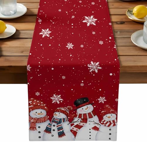 Christmas Snowman Red Table Runner Dresser Scarf 13 x 36 Inch Cute Xmas Snowman Snowflakes Winter Table Runners Non-Slip Heat Resistant Kitchen Dining Table Decor for Home Holidays Indoor Outdoor