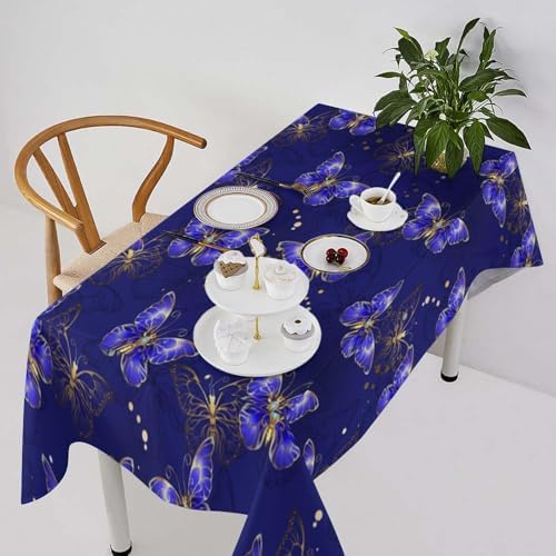 Dark Purple Butterfly Tablecloth, Luxury Golden Blue Purple Butterfly Print Table Cloth for Outdoor Patio Party Picnic Wedding Indoor Kitchen Dinner Table Decor 60x110in