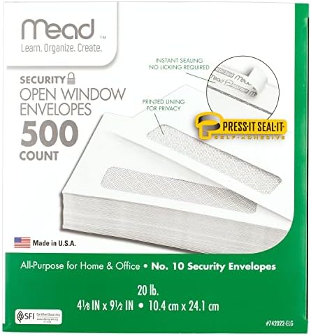 Mead #10 Envelopes, Letter Size, 4-1/8" x 9-1/2", Security Printed Lining for Privacy, Press-It Seal-It Self Adhesive Closure, Left Viewing Window Mailing Envelopes, 500 Count (742022) | (Pack of 5)