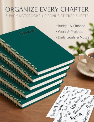5 Pack Hardcover Spiral Notebooks, 8.3" x 6.3" Lined Journal Set, 100 GSM Bleed-Resistant Paper, 200 Pages Twin-Wire Bound Notebook with Elastic Band & Category Stickers for Office, School