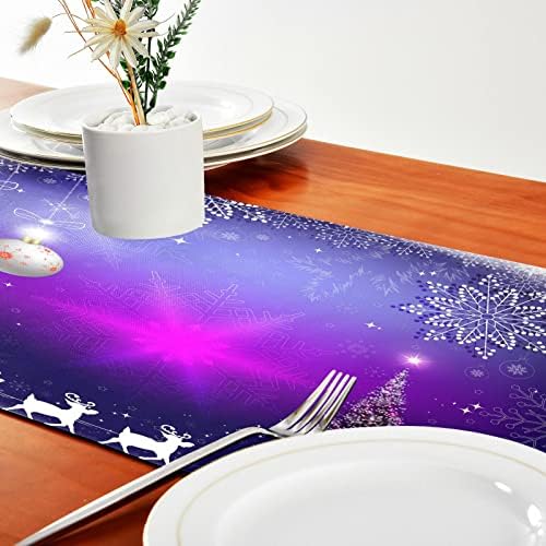 ALAZA Double-Sided Christmas Purple Snowflakes Christmas Tree Santa Claus on Deer Table Runner 18x72 Inches Long,Table Cloth Runner for Wedding Birthday Party Kitchen Dining Home Everyday Decor 28