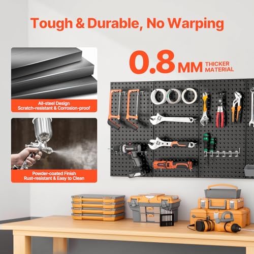 VEVOR Metal Pegboard Panels, 24" x 12" Pegboard, 4 Panels, Heavy Duty Steel Peg Board Wall Organizer, for Living Room Garage Tool Storage Workbench Office Organization Craft Room Kitchen Home, Black
