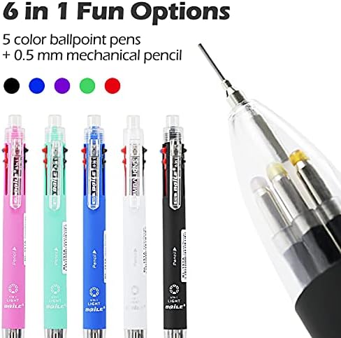 Baile 6 in 1 Multifunctional Ballpoint Pens 5 Colors 0.7 mm Ballpoint Pen and 0.5 mm Mechanical Pencil in One Pen, Pack of 5