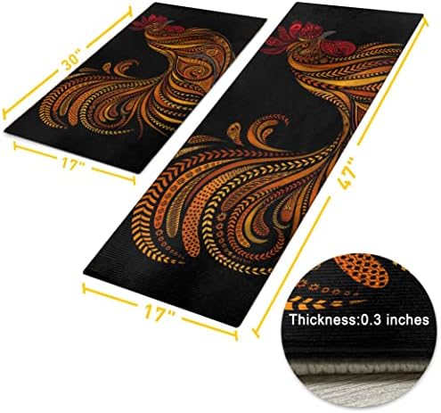 Rooster Kitchen Rugs and Mats for Floor 2 Piece Sets, Farmhouse Rooster Kitchen Rug, Black Chicken Kitchen Mat in Front of Sink for Standing for Country Kitchen Decor 17"X30"+17"X47"