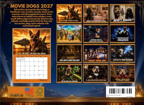 Movie Dogs Calendar 2027 Monthly Wall Calender 12 Month | American Made In The USA