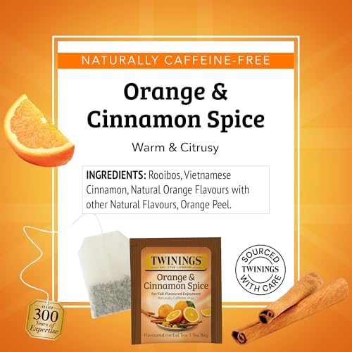 Twinings Orange & Cinnamon Spice Herbal Tea Individually Wrapped Bags, 20 Count (Pack of 1), Naturally Caffeine-Free, Enjoy Hot or Iced, 20 Teabags