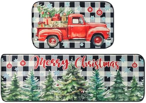 Christmas Decorations Indoor Christmas Kitchen Bathroom Door Mat Anti-Slip and Washable Winter Rubber Christmas Tree Door mat for Both Indoor and Outdoor use 16x28 and 16 * 48Inch (red)