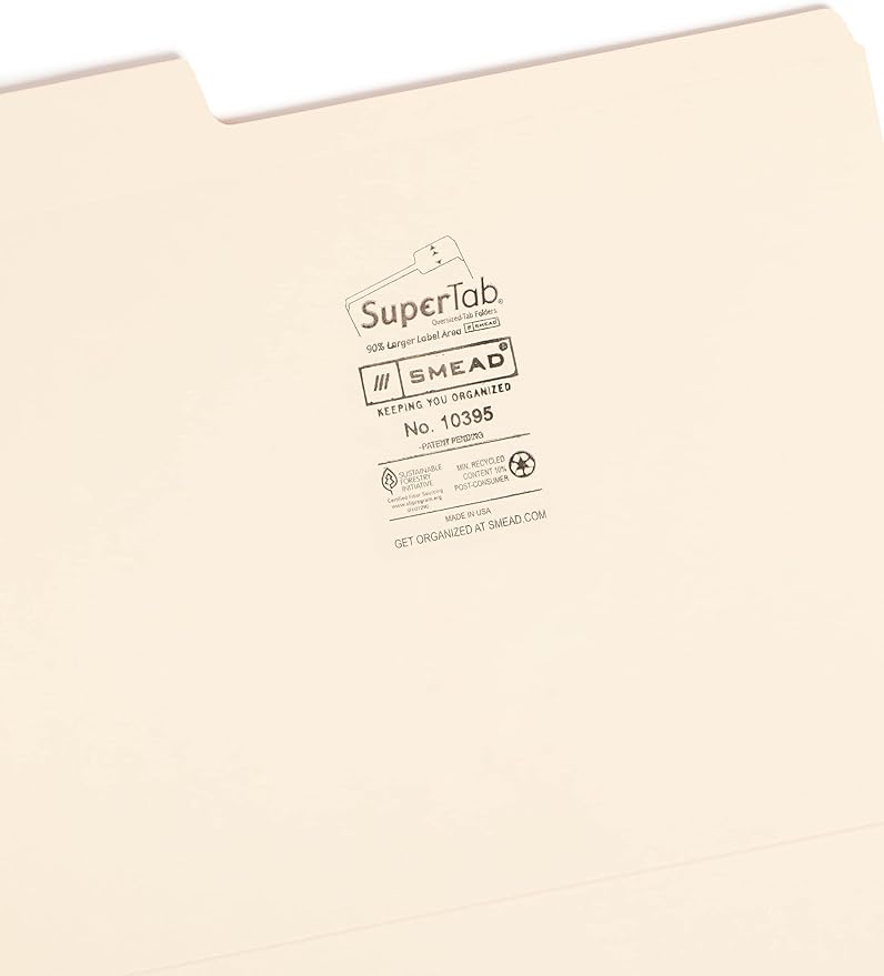 Smead SuperTab File Folder, Oversized Reinforced 1/3-Cut Tab, Guide Height, Letter Size, Manila, 100 Per Box (10395)