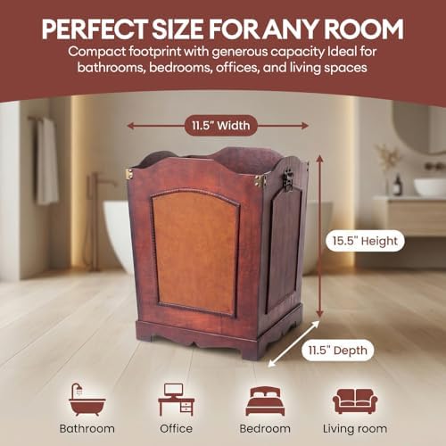 Vintiquewise Antique Wooden Wastebasket Trash Can with Handle – Decorative Solid Wood Trash Bin for Bathroom, Office, Bedroom or Living Room – Vintage Rustic Wooden Waste Can Organizer