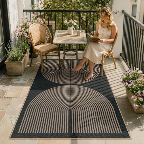Lahome Modern Rainbow Easy Jute Outdoor Patio Rug, 3x5 Black Office Rug