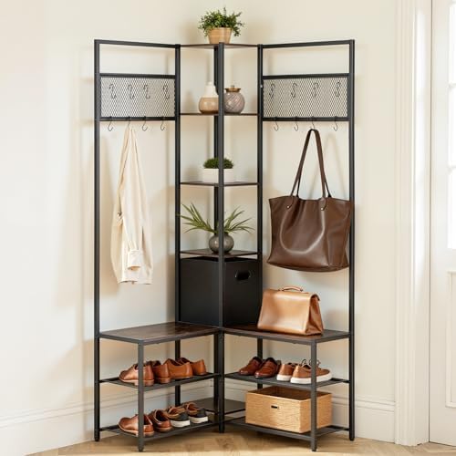 VEVOR Corner Hall Tree with Shoe Bench, 70.9 in Coat Rack with Hooks and Steel Frame, Freestanding Clothes Shoes Rack Storage Organizer with Anti-Tip Set, for Entrance, Closet, Office, Rustic Brown