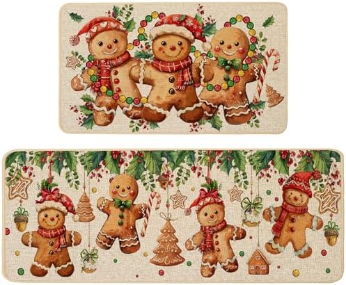 Baccessor Christmas Gingerbread Kitchen Rugs Set of 2,Merry Christmas Xmas Winter Kitchen Mats Washable Non Slip for Floor Hallway Laundry Sink Holiday Home Decor 17x29 and 17x47 Inch
