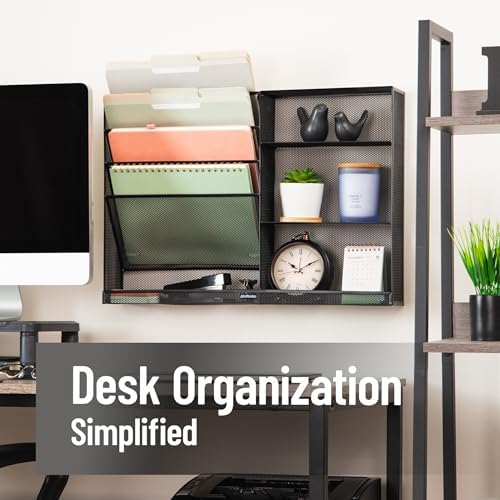 Mind Reader 4-Tier Vertical File Storage and Shelves, Desktop Organizer, Wall Mount, Office, Metal Mesh, 22.5"L x 4"W x 16"H, Black
