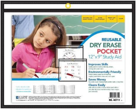 C-Line Reusable Dry Erase Pockets, Horizontal - Open on Long Side, 9 x 12 Inches, 30 per Box, Black (40711-30)