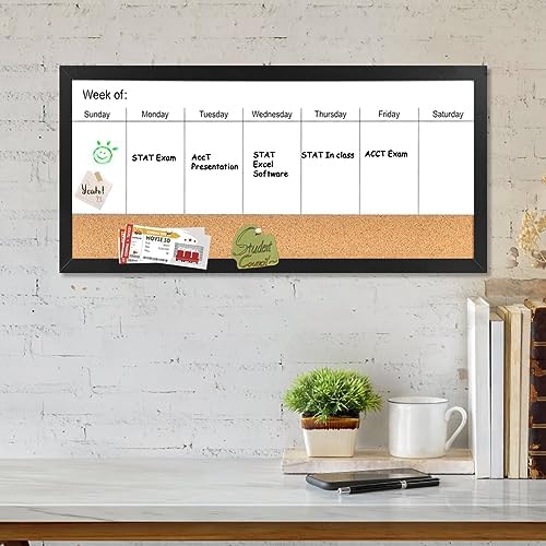 Magnetic Weekly Whiteboard and Cork Board, Black Wood Frame, 24" x 12"
