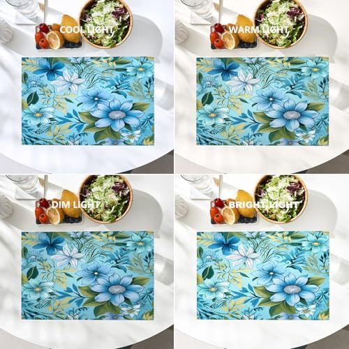 Batmerry Floral Light Blue Placemats, Blue Green Floral Washable Linen Table Mats for Kitchen Table Double Insulation Decor Dining Set Indoor Outdoor 12X18 in Set of 4