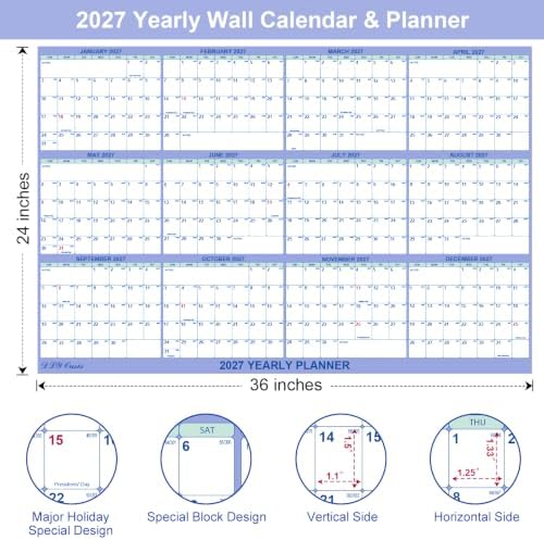 24" x 36" 2027 Wall Calendar 12 Month, Folded Wet & Dry Erasable Planner