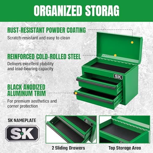 SK Mini Metal Tool Box with 2 Drawers, 10.8" Small Steel Toolbox Chest