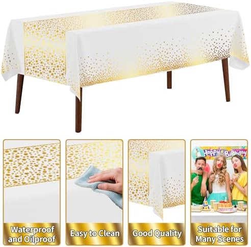 CXPSINC 54 Inch X 100 Feet Plastic Table Cover Roll Disposable Tablecloth with Slide Cutter for All Type/Shape Tables | Party, Banquet, Birthdays, Weddings(White Golden Dot, 100 Feet)