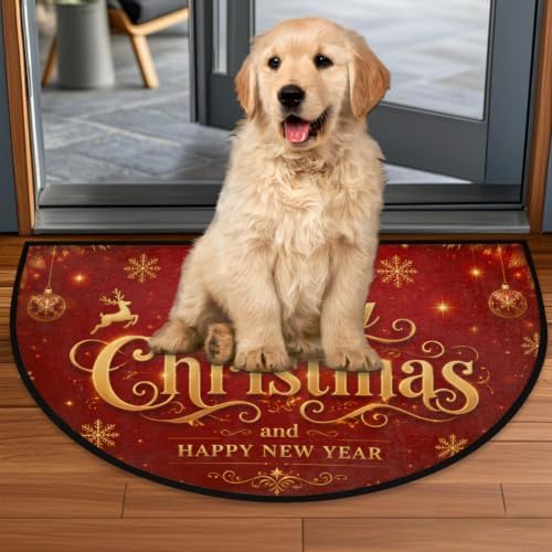 Pardick Merry Christmas Half Round Door Mat, Non-Slip Welcome Entrance Way Rug Semi Circle Front Doormats Washable Shoe Scraper Floor Mat Outdoor Rugs for Gar