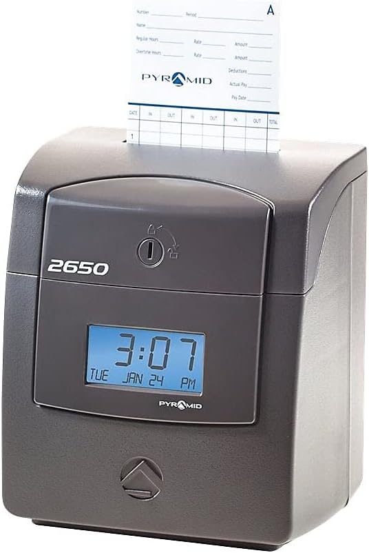 Pyramid Time Systems - 2650 Pro Auto Aligning Time Clock - Charcoal | Bundle Includes 25 Time Cards, Ribbon and 2 Security Keys (5"h x 7.25"w x 8.5"d)