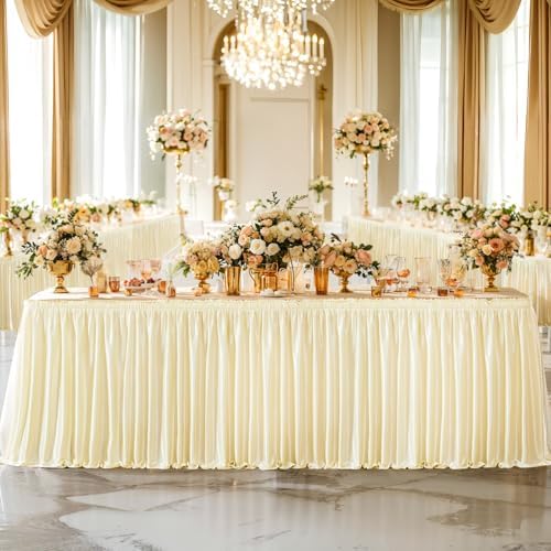 Wish Care 17ft Champagne Satin Long Table Skirt for Rectangle Tables Wrinkle Free Teacher Desk Skirt Glitter Ruffle Table Skirting Cloth for Back to School Classroom Office Birthday Party Table Decor