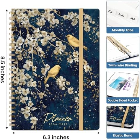 Planner 2026-2027, Monthly & Weekly Jul 2026-Jun 2027 Calendar Book | 6.3" x 8.5", Hardcover Spiral Planner with Tabs, School & Daily Pretty Agenda for Women, Students, Teachers, Spring Branches