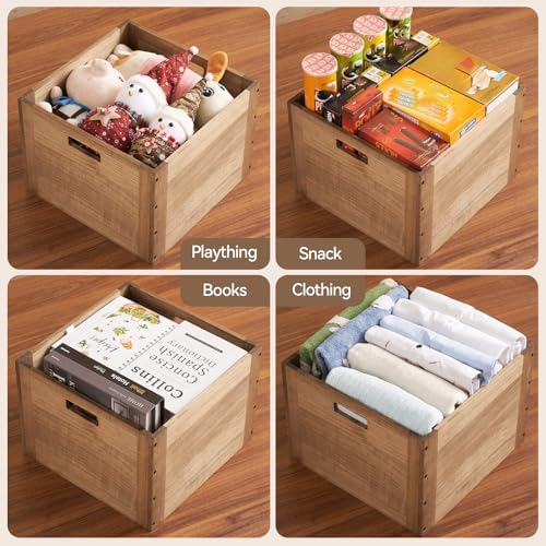 KIRIGEN Stackable Wood Storage Cube with Handles, Open Crate Bin, Brown
