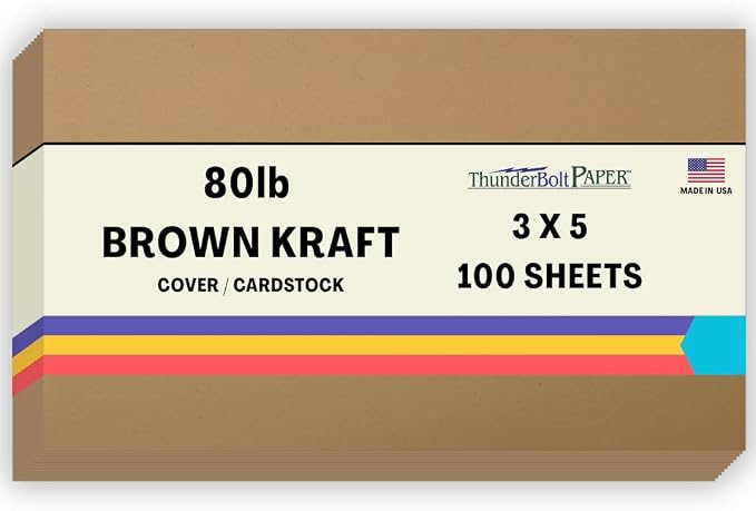 100 Brown Kraft Fiber 80# Cover Paper Sheets - 3" X 5" (3X5 Inches) Photo|Card|Frame Size - Rich Earthy Color with Natural Fibers - 80lb/pound Cardstock - Smooth Finish