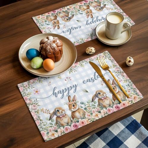 Rabbits Flowers Easter Placemats Set of 6, Eucalyptus Leaf Spring Heat Resistant Washable Dining Table Mats Grey White Buffalo Plaid Farmhouse Holiday Decor for Kitchen&Table Linens Outdoor Indoor