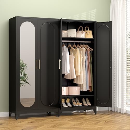 Polup Metal Armoire Wardrobe Closet with Mirror, Clothing Storage Cabinet