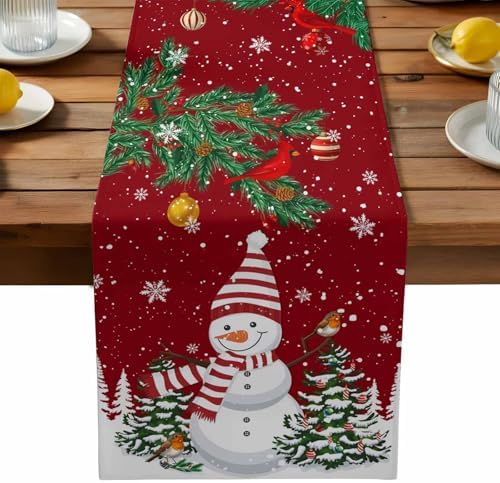 Christmas Cartoon Snowman Table Runner Dresser Scarf 13 x 108 Inch Holly Bird Pine Tree Snow Red Table Runners Non-Slip Heat Resistant Kitchen Dining Table Decor for Winter Holidays Indoor Outdoor