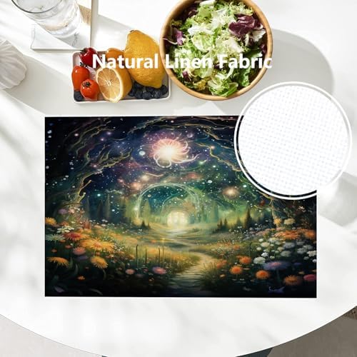 Batmerry Magical Forest Path Glowing Lights Linen Placemats Set of 6, A Mystical Forest At Night Washable Table Mats for Kitchen Table Thickened Heat Insulation Dining Set Indoor Outdoor 12X18 in