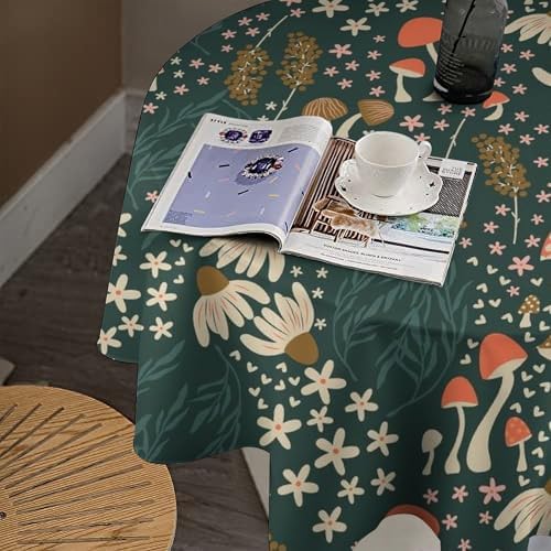 Mushroom Table Cloth, Vintage Woodland Summer Flowers Plants Forest Botanical Leaves Table Cover for Farmhouse Kitchen Dining Room Table Decor, 60x60in
