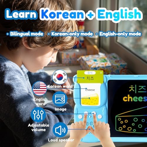 Writing Tablet with Bilingual Flash Cards for Kids, Korean, Blue